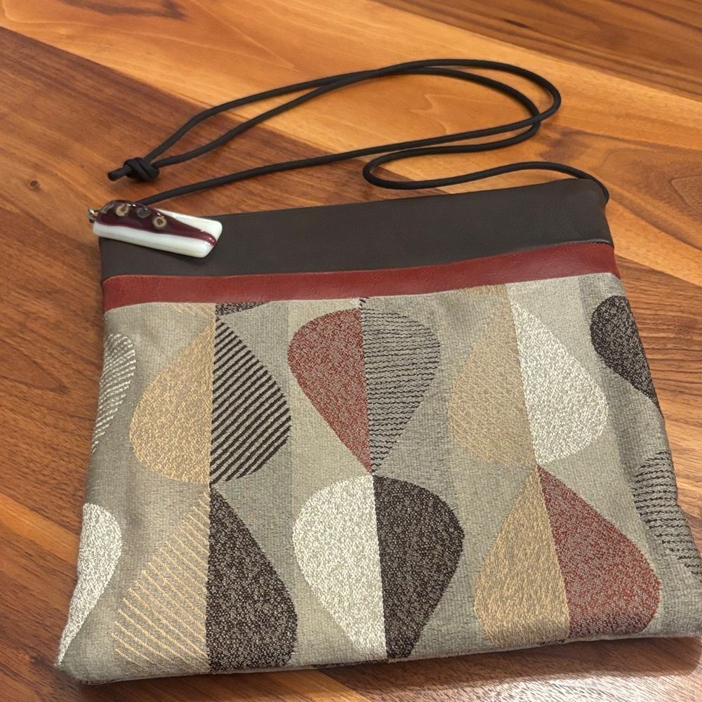 Leaves Brown Leather Canvas Crossbody With Zippered Main Compartment Bag Purse